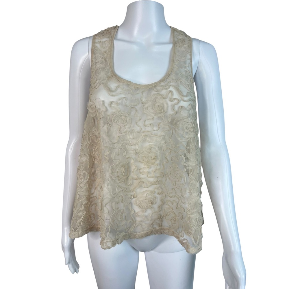 H.I.P Happening In Present Top Beige Sheer Mesh Floral Rosette Fairy Boho Medium